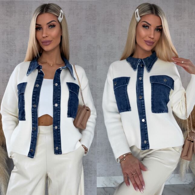 Wiosenny sweter ECRU w stylu katany z jeansowymi elementami ONE SIZE - R572