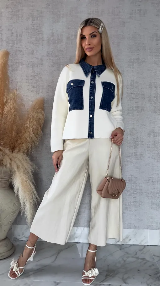 Wiosenny sweter ECRU w stylu katany z jeansowymi elementami ONE SIZE - R572