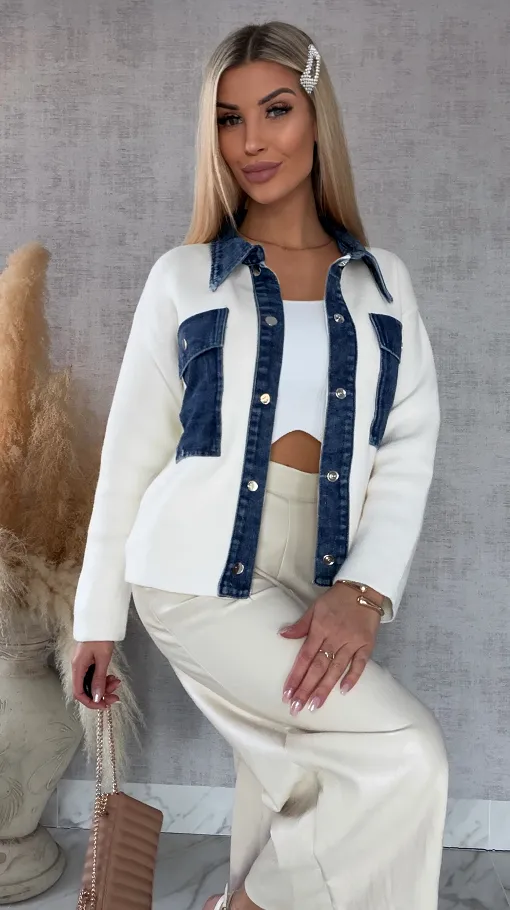 Wiosenny sweter ECRU w stylu katany z jeansowymi elementami ONE SIZE - R572