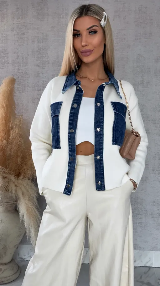 Wiosenny sweter ECRU w stylu katany z jeansowymi elementami ONE SIZE - R572