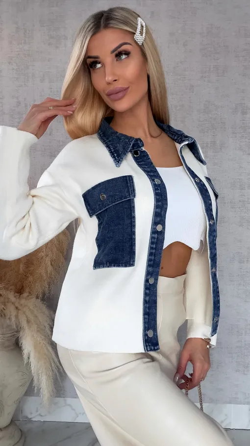 Wiosenny sweter ECRU w stylu katany z jeansowymi elementami ONE SIZE - R572