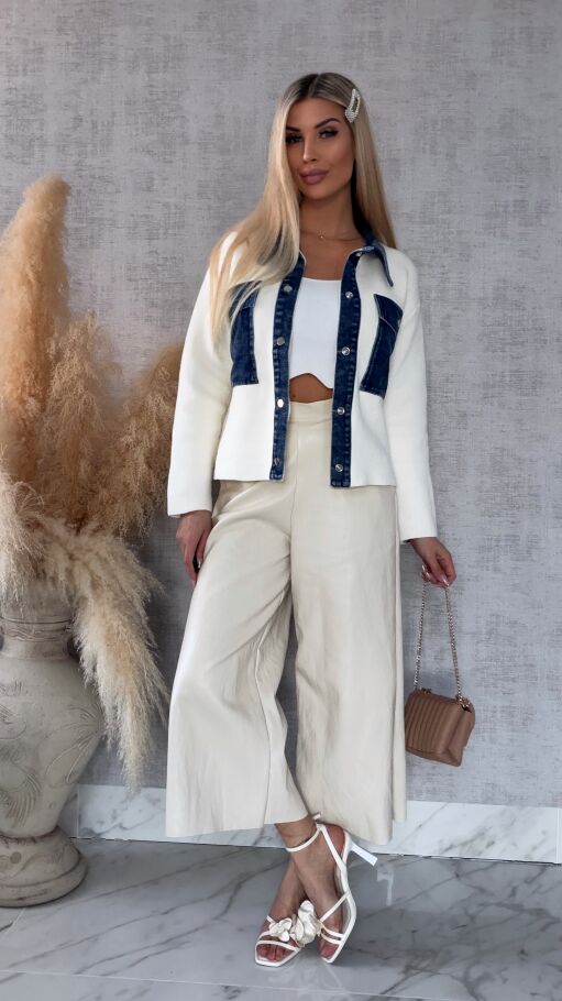 Wiosenny sweter ECRU w stylu katany z jeansowymi elementami ONE SIZE - R572