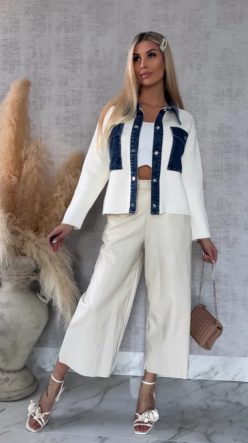 Wiosenny sweter ECRU w stylu katany z jeansowymi elementami ONE SIZE - R572