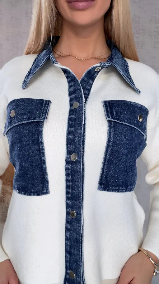 Wiosenny sweter ECRU w stylu katany z jeansowymi elementami ONE SIZE - R572