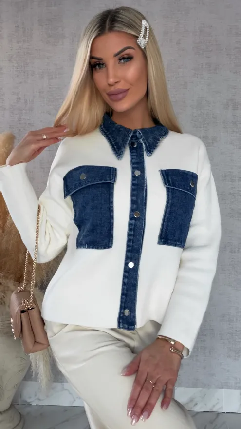 Wiosenny sweter ECRU w stylu katany z jeansowymi elementami ONE SIZE - R572
