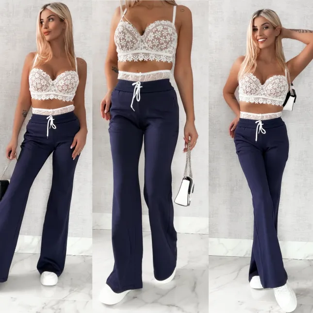 Bawełniane spodnie dresowe z koronkowym pasem GRANATOWE - R468A