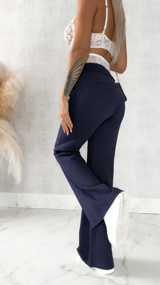 Bawełniane spodnie dresowe z koronkowym pasem GRANATOWE - R468A