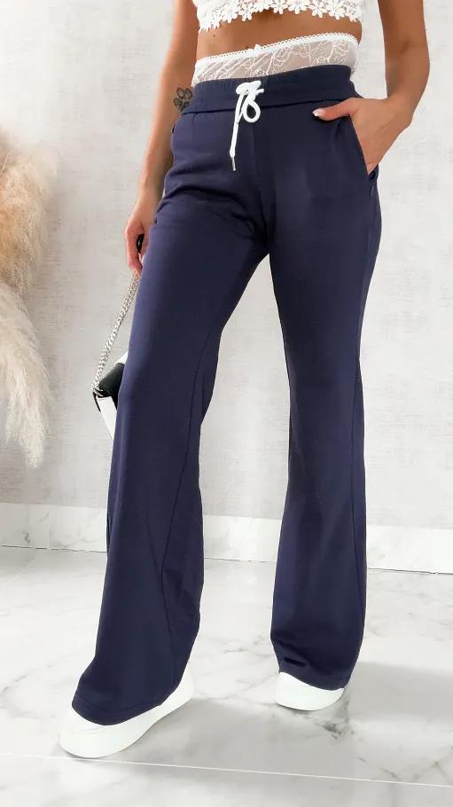 Bawełniane spodnie dresowe z koronkowym pasem GRANATOWE - R468A