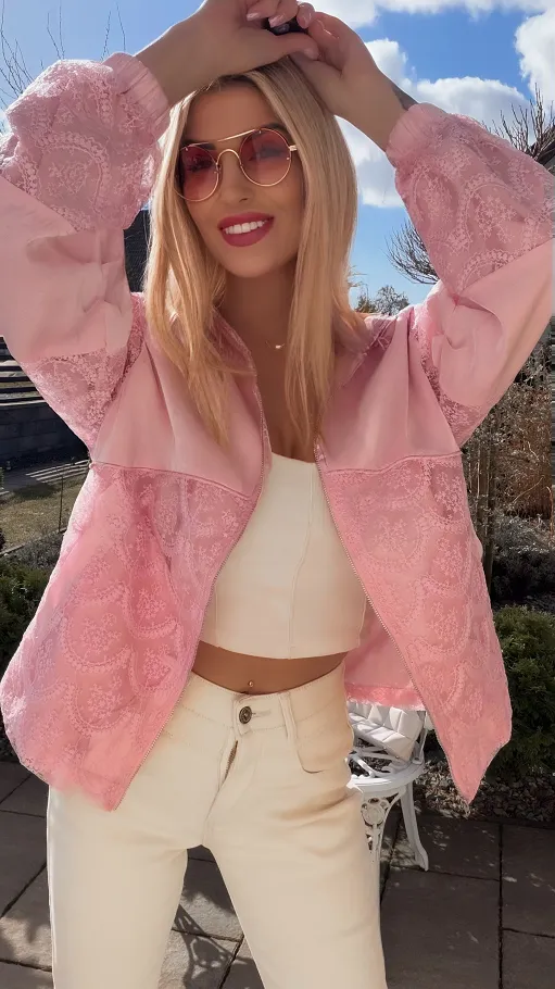 Świetna różowa bluza na zamek z kapturem ONE SIZE - R822