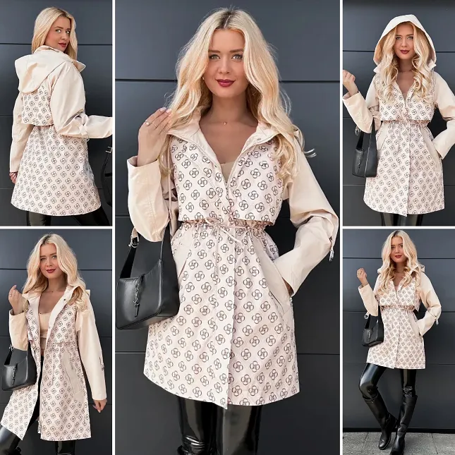 Idealna beżowa kurtka PARKA zdobiona modnym wzorem - R077