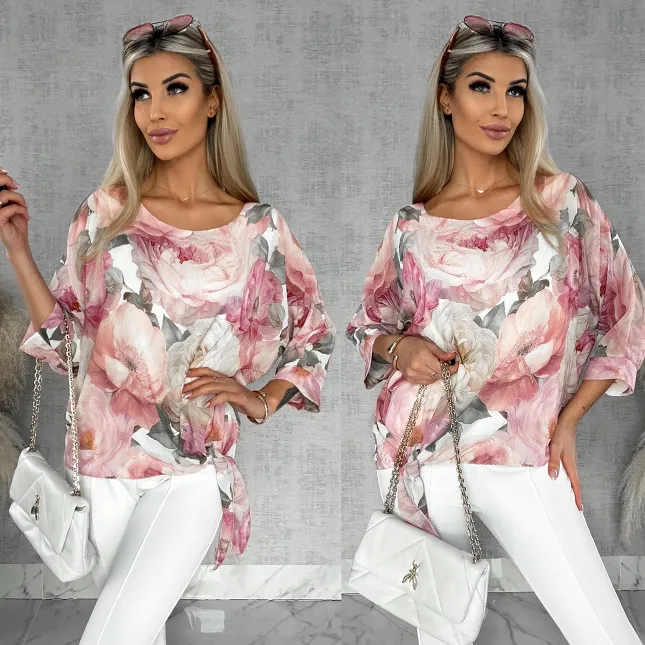 Wiosenna bluzka w piwonie z wiązaniem w pasie PINK - R529