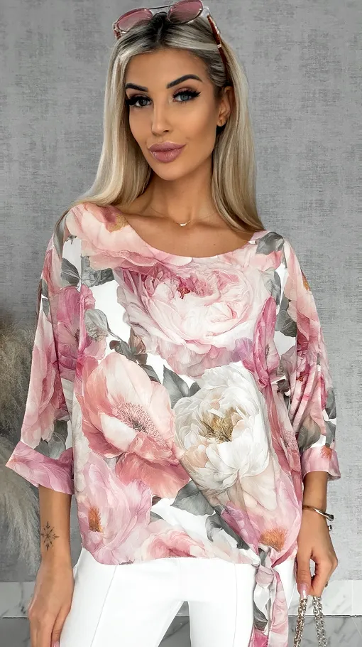 Wiosenna bluzka w piwonie z wiązaniem w pasie PINK - R529