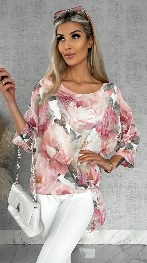 Wiosenna bluzka w piwonie z wiązaniem w pasie PINK - R529