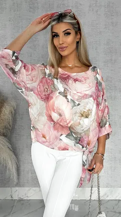 Wiosenna bluzka w piwonie z wiązaniem w pasie PINK - R529