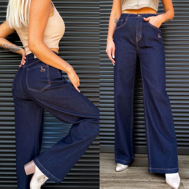 Oryginalne granatowe spodnie jeansowe z konikiem WIDE LEG - S414