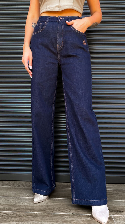 Oryginalne granatowe spodnie jeansowe z konikiem WIDE LEG - S414