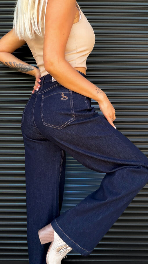 Oryginalne granatowe spodnie jeansowe z konikiem WIDE LEG - S414