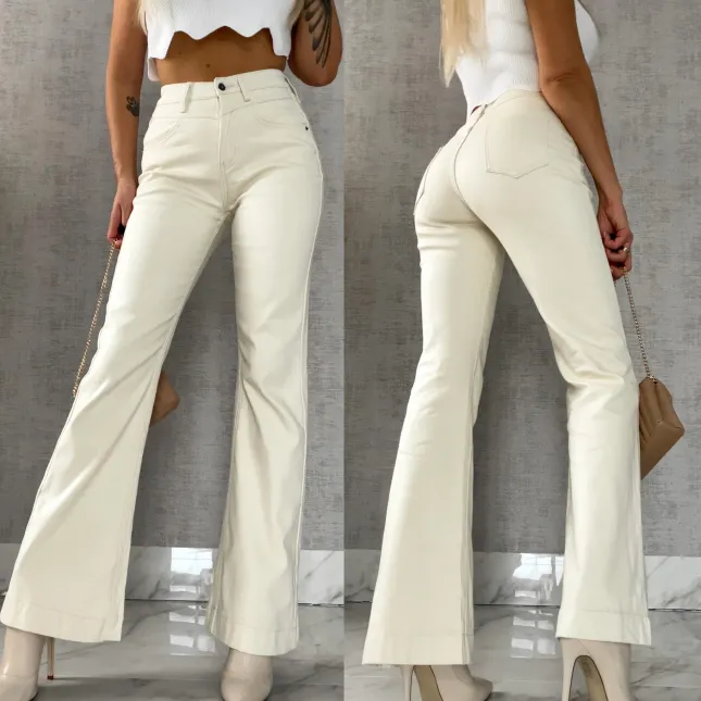 Ocieplane spodnie jeansowe dzwony ECRU - R495