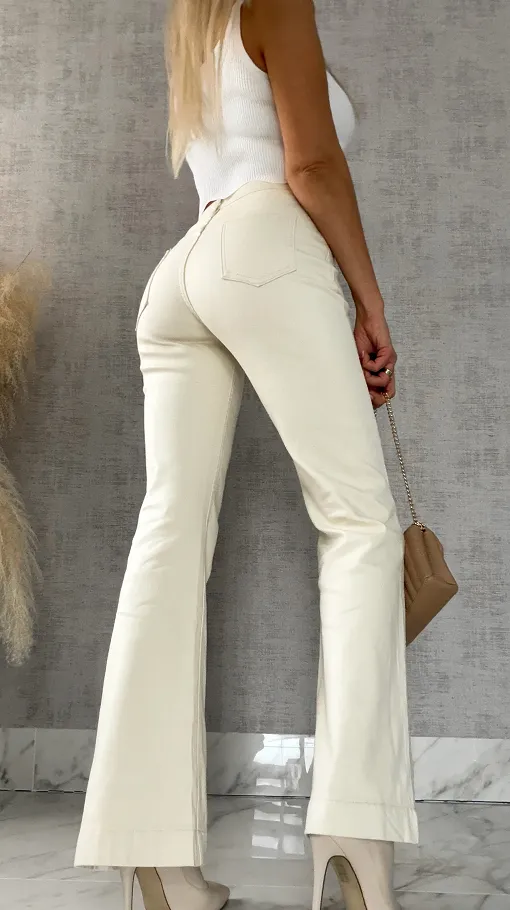 Ocieplane spodnie jeansowe dzwony ECRU - R495