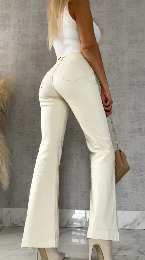 Ocieplane spodnie jeansowe dzwony ECRU - R495