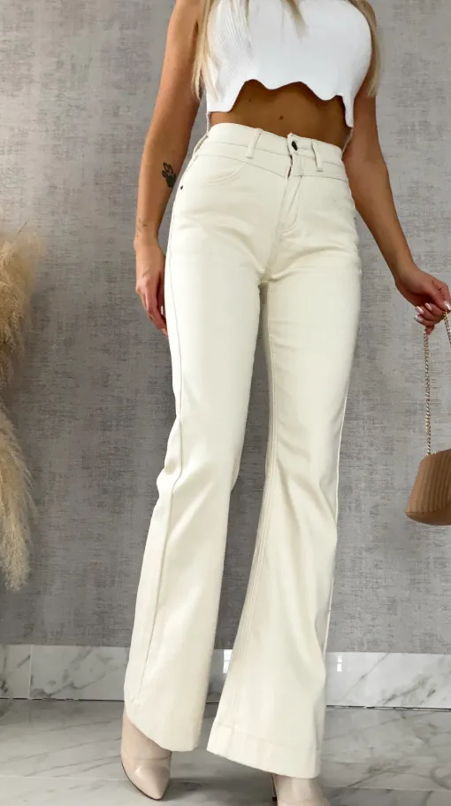 Ocieplane spodnie jeansowe dzwony ECRU - R495