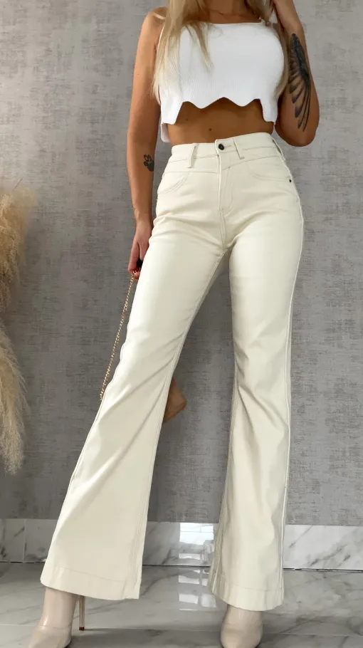 Ocieplane spodnie jeansowe dzwony ECRU - R495