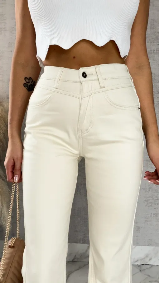 Ocieplane spodnie jeansowe dzwony ECRU - R495