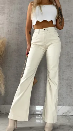 Ocieplane spodnie jeansowe dzwony ECRU - R495