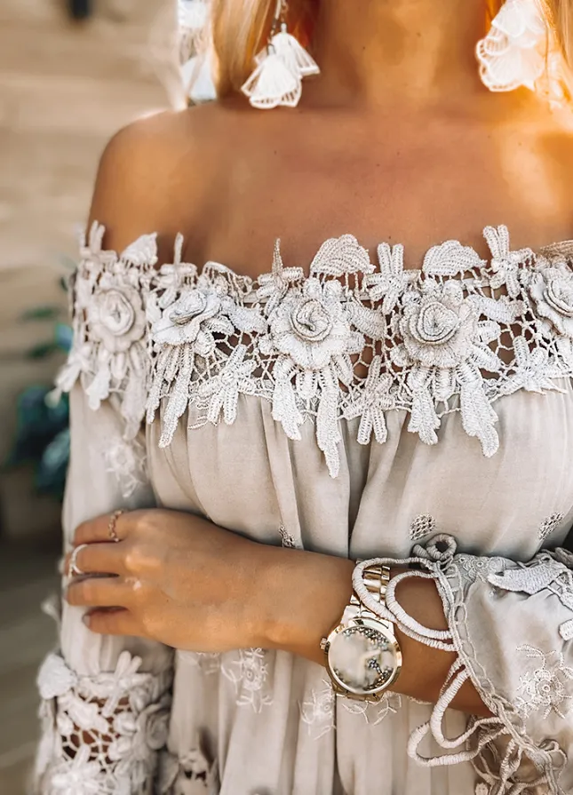 Zwiewna i elegancka sukienka hiszpanka BEŻOWA z wiskozy - M856