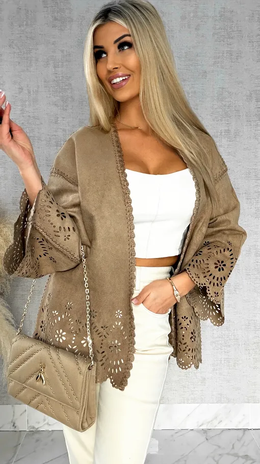 Oryginalna zamszowa marynarka BOHO beżowa ONE SIZE - R527A