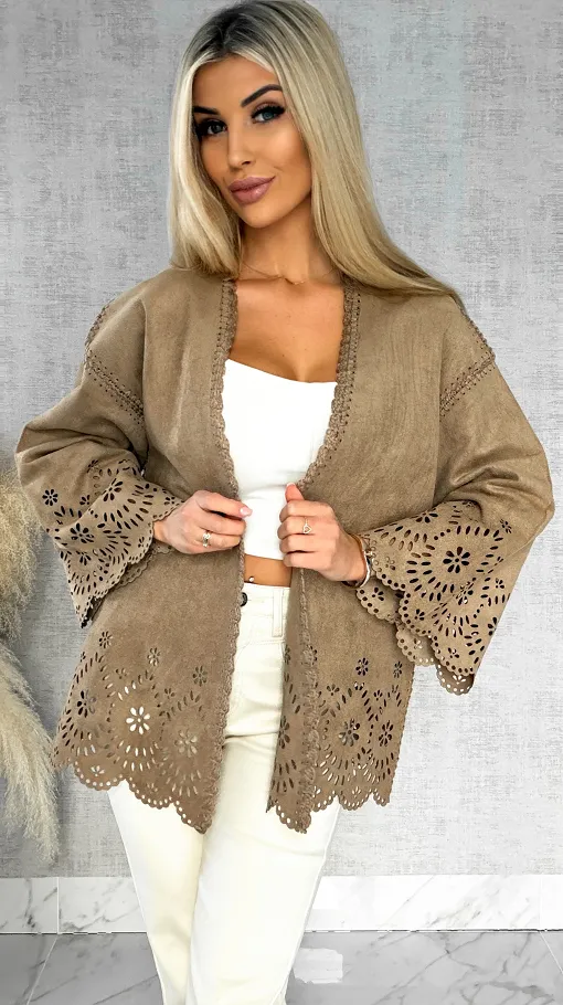 Oryginalna zamszowa marynarka BOHO beżowa ONE SIZE - R527A