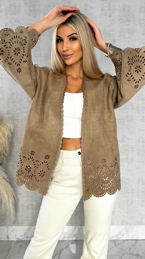 Oryginalna zamszowa marynarka BOHO beżowa ONE SIZE - R527A