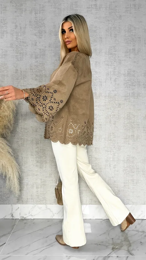 Oryginalna zamszowa marynarka BOHO beżowa ONE SIZE - R527A