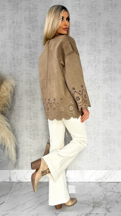 Oryginalna zamszowa marynarka BOHO beżowa ONE SIZE - R527A