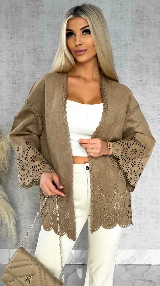 Oryginalna zamszowa marynarka BOHO beżowa ONE SIZE - R527A