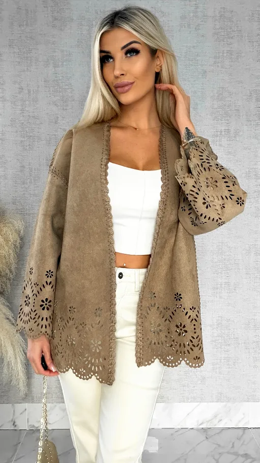 Oryginalna zamszowa marynarka BOHO beżowa ONE SIZE - R527A