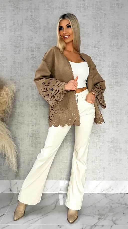 Oryginalna zamszowa marynarka BOHO beżowa ONE SIZE - R527A