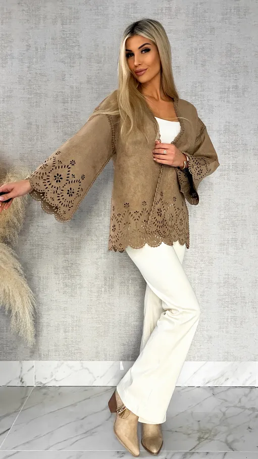 Oryginalna zamszowa marynarka BOHO beżowa ONE SIZE - R527A