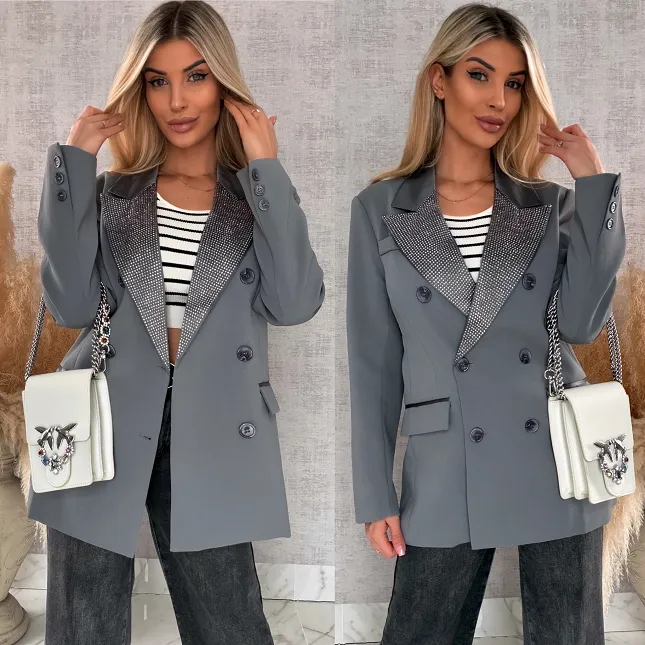 Luźna szara marynarka OVERSIZE zdobiona cekinami - R497A