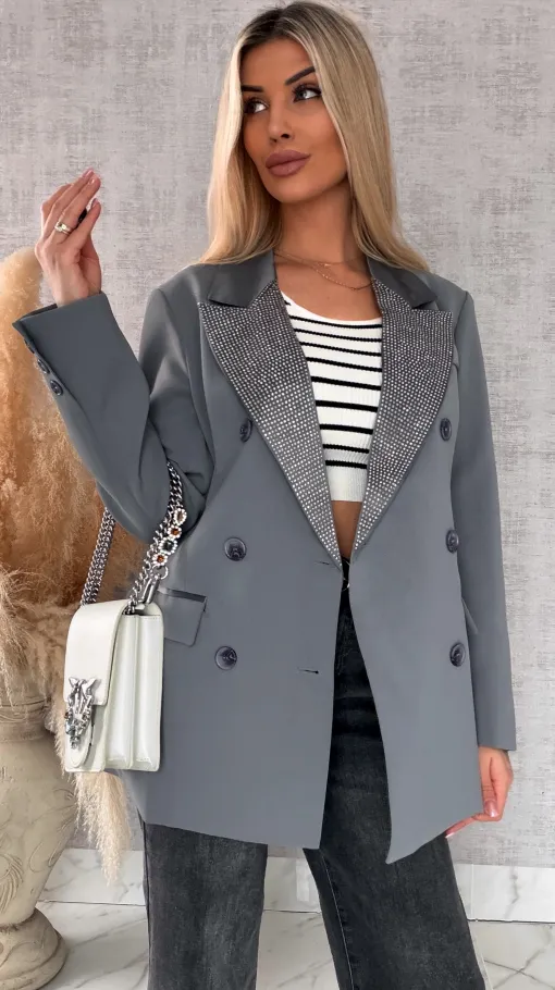 Luźna szara marynarka OVERSIZE zdobiona cekinami - R497A