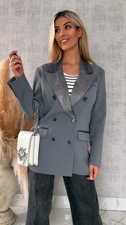 Luźna szara marynarka OVERSIZE zdobiona cekinami - R497A
