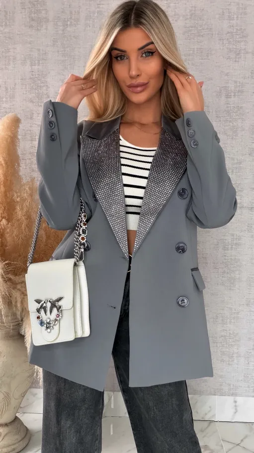 Luźna szara marynarka OVERSIZE zdobiona cekinami - R497A