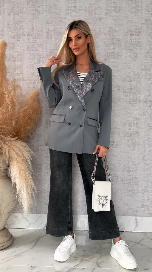 Luźna szara marynarka OVERSIZE zdobiona cekinami - R497A