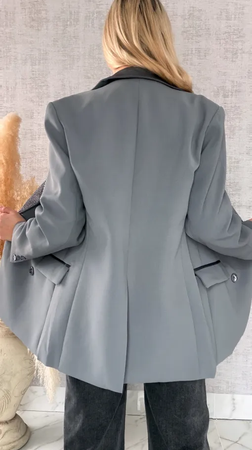 Luźna szara marynarka OVERSIZE zdobiona cekinami - R497A