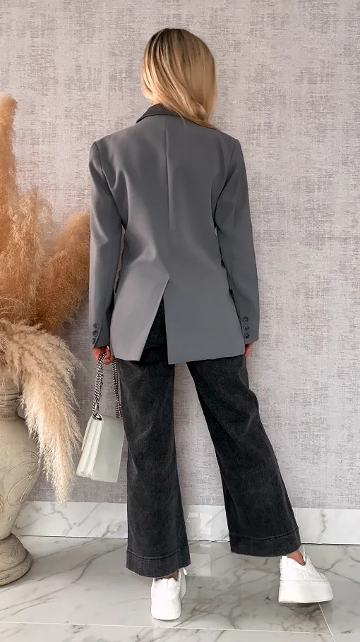 Luźna szara marynarka OVERSIZE zdobiona cekinami - R497A