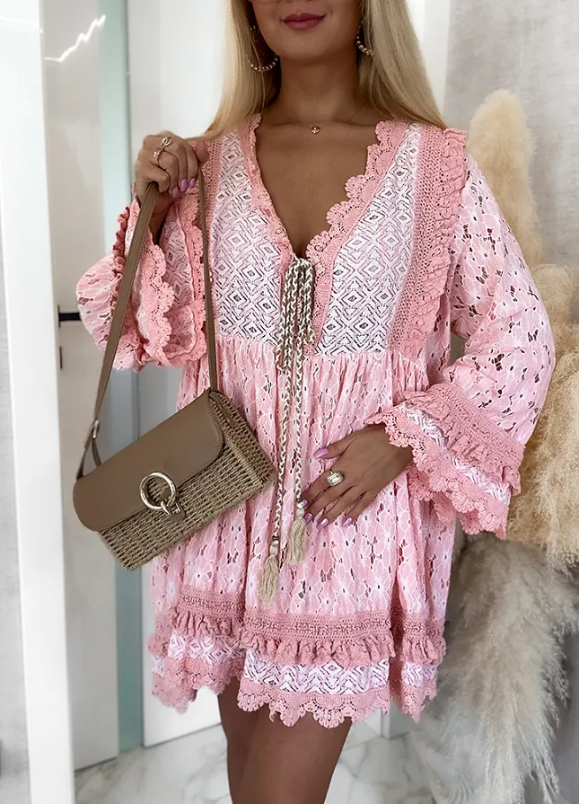 Sukienka OVERSIZE w stylu BOHO bawełniana BRZOSKWINIOWA - M866B