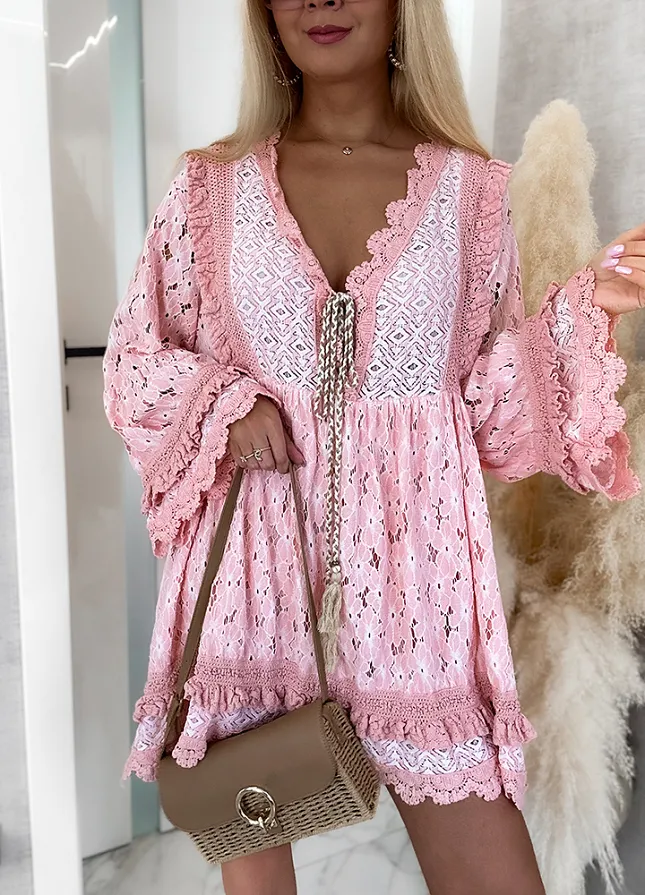 Sukienka OVERSIZE w stylu BOHO bawełniana BRZOSKWINIOWA - M866B