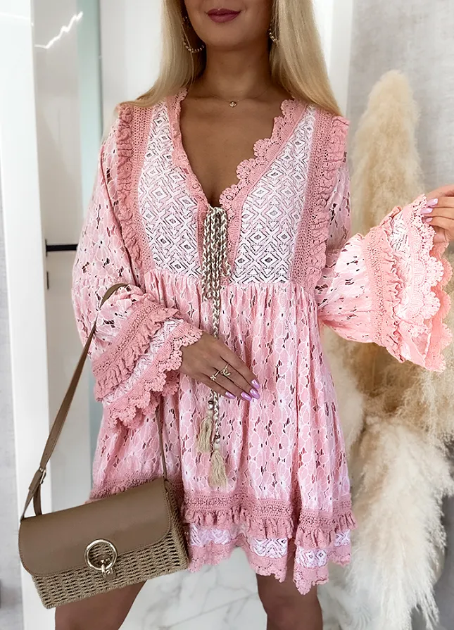 Sukienka OVERSIZE w stylu BOHO bawełniana BRZOSKWINIOWA - M866B