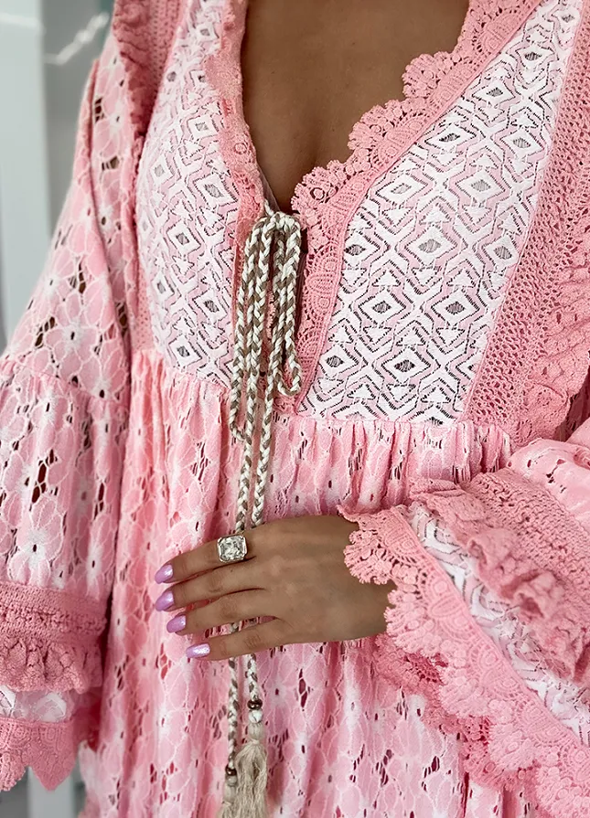 Sukienka OVERSIZE w stylu BOHO bawełniana BRZOSKWINIOWA - M866B