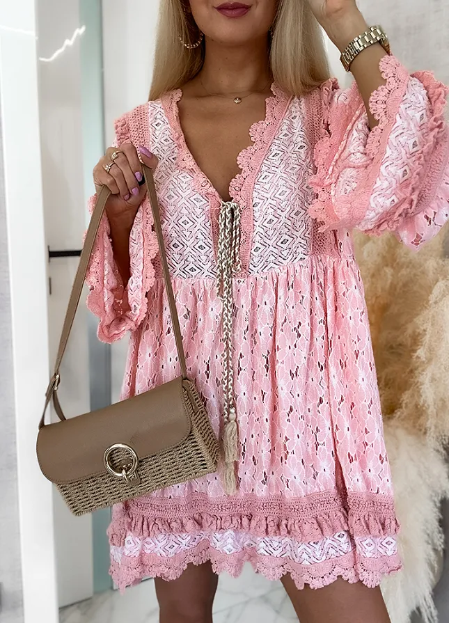 Sukienka OVERSIZE w stylu BOHO bawełniana BRZOSKWINIOWA - M866B